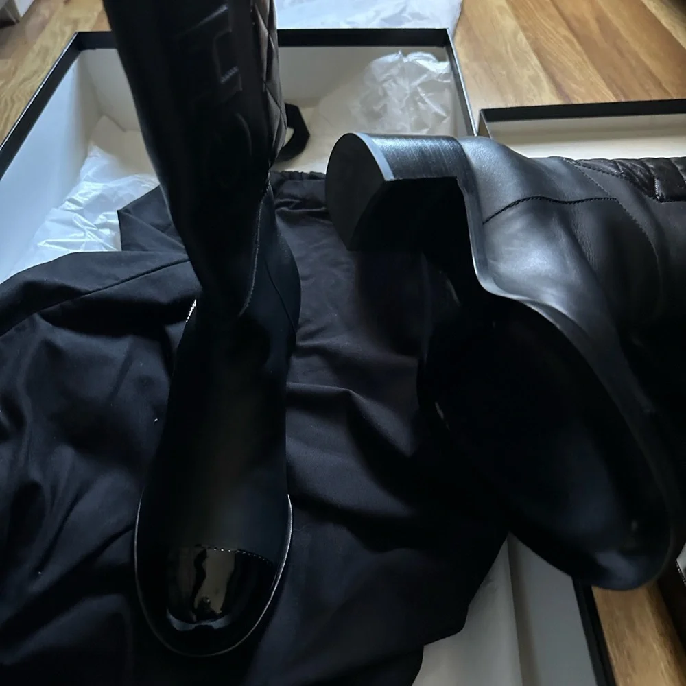 CHANEL 19B Calfskin Leather Signature Logo Knee High Tall Boots Heels